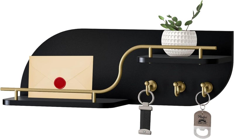 Karisky Key Holder for Wall, Decorative Key and Mail Organizer with 3 Metal Hooks and 2 Shelves, Wood Wall Mounted Key Rack for Entryway, Black - Image 1